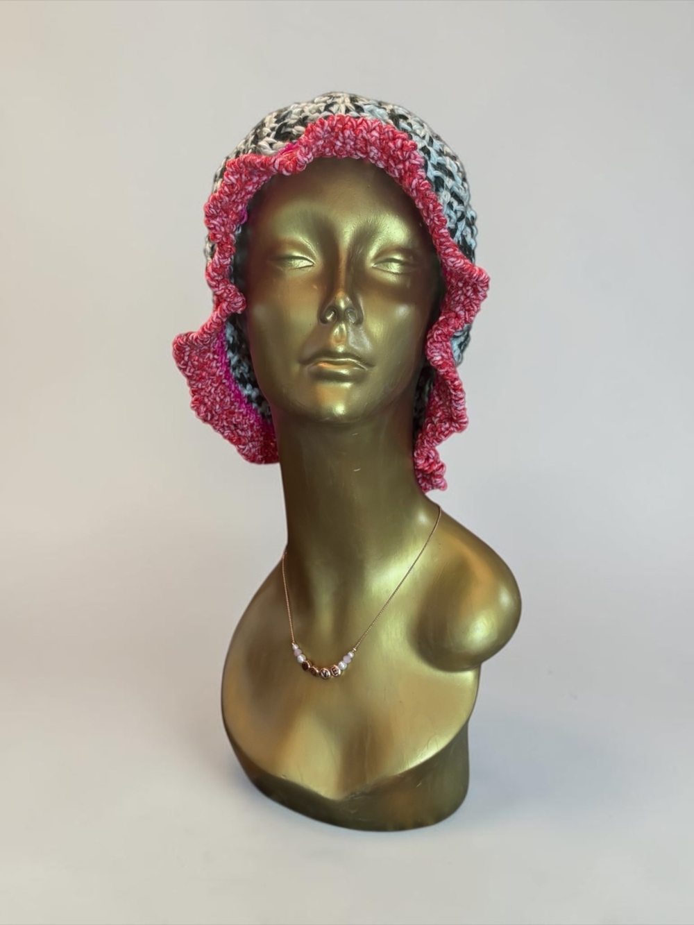 Handmade Pink & Black Crocheted Ruffle Bucket Hat
